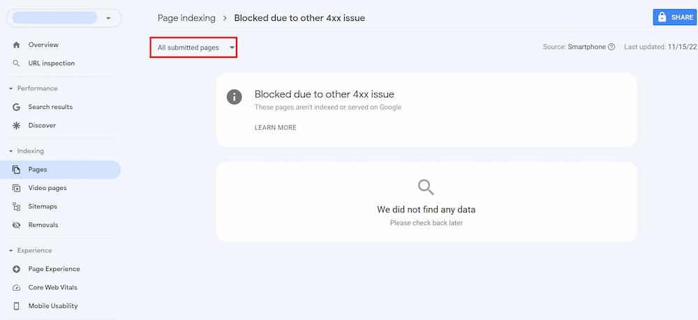 حل مشكلة "Blocked due to other 4xx issue" 4 في سيناريو مثالي، يجب أن تتضمن ملفات Sitemap الخاصة بك فقط الصفحات التي تستجيب برمز الحالة 200.