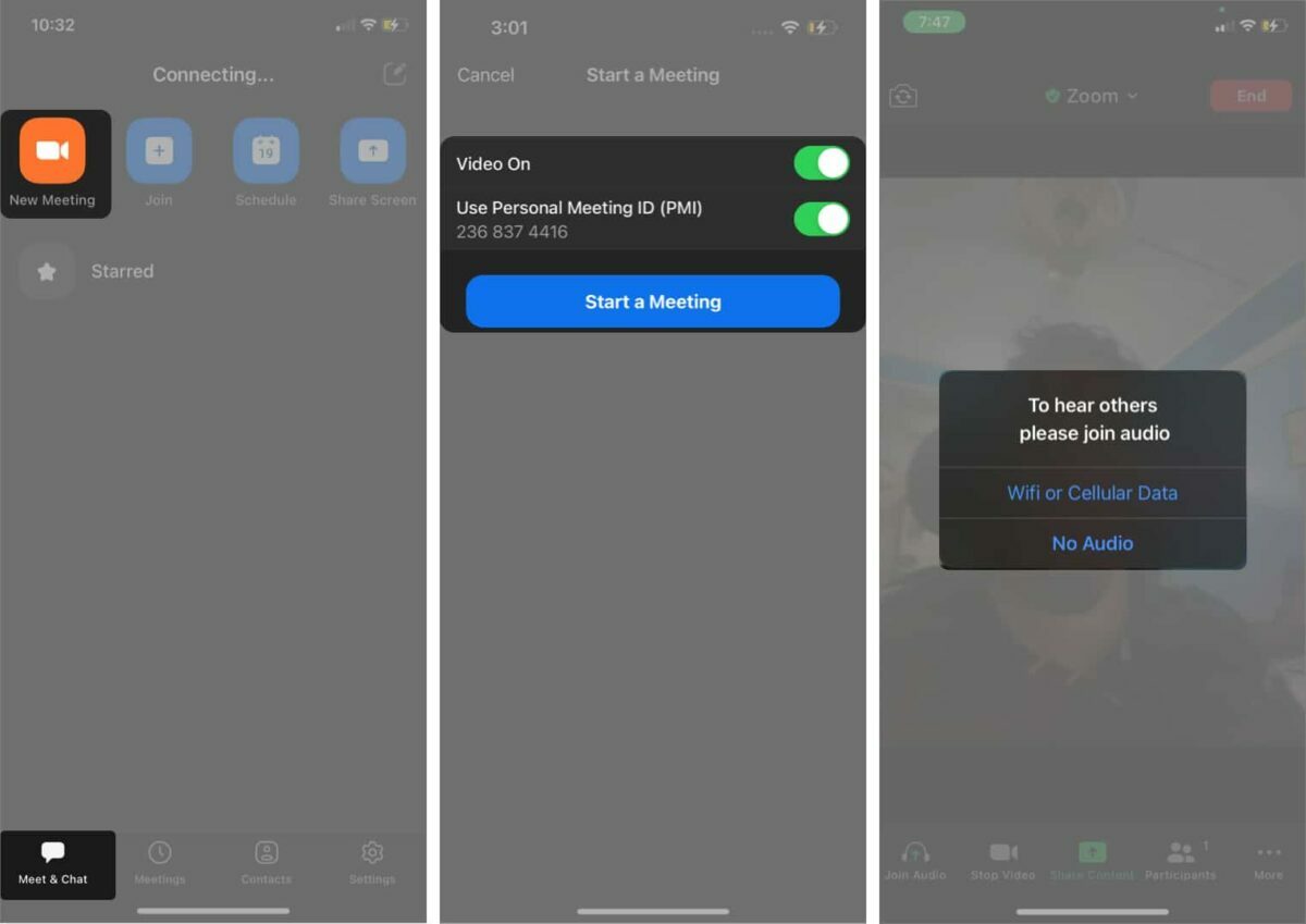 طريقة بدء اجتماع جديد على تطبيق زووم لهاتف آيفون