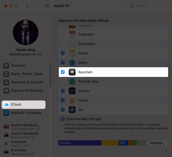 ابحث عن Keychain من إعدادات iCloud على ماك