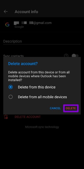 قم بإزالة الحساب من Outlook