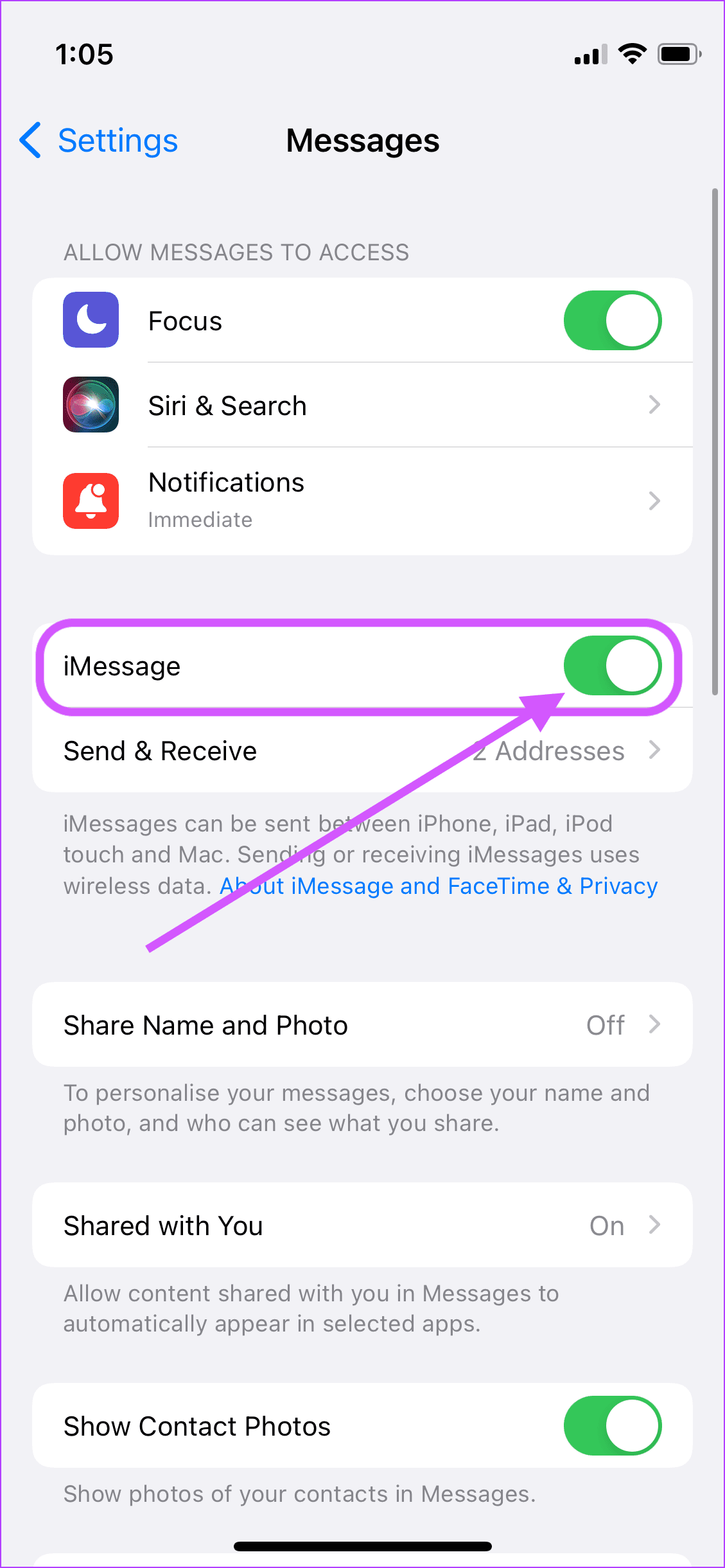 تأكد من تفعيل iMessage 2