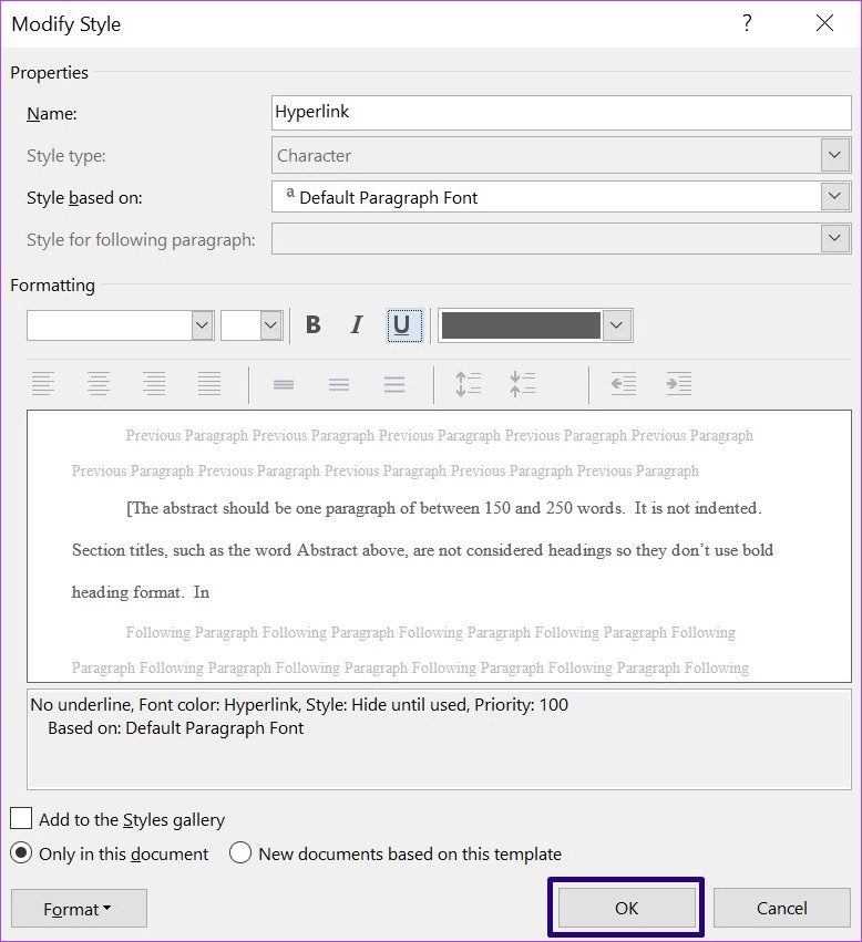 طريقة تنسيق الارتباطات التشعبية في مايكروسوفت وورد