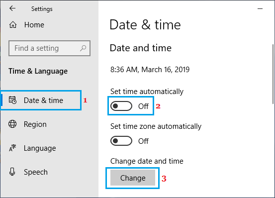 Manually Change Date and Time Option in ويندوز 10