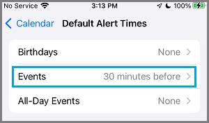Default Alert TimesSetting Option on آيفون