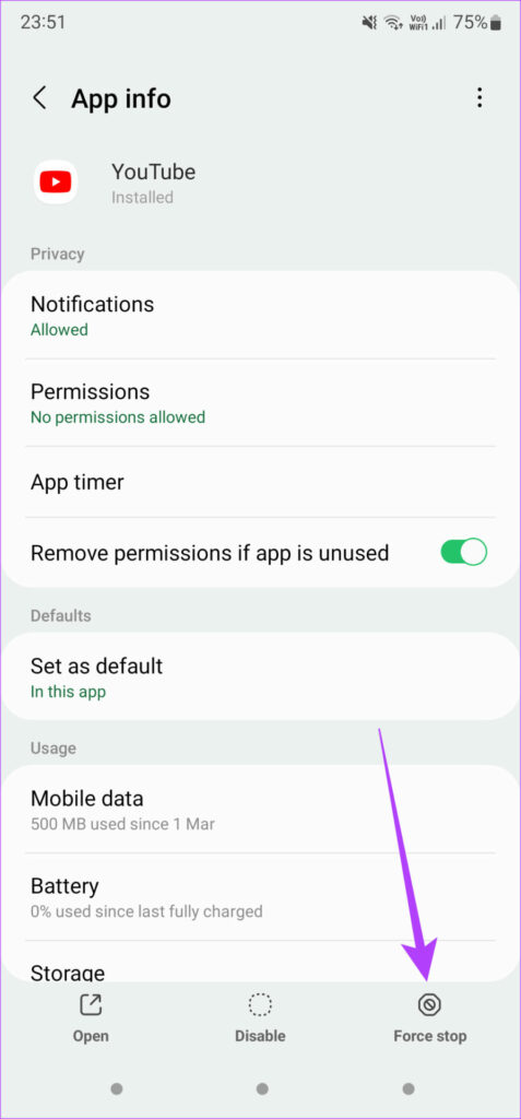 force stop يوتيوب