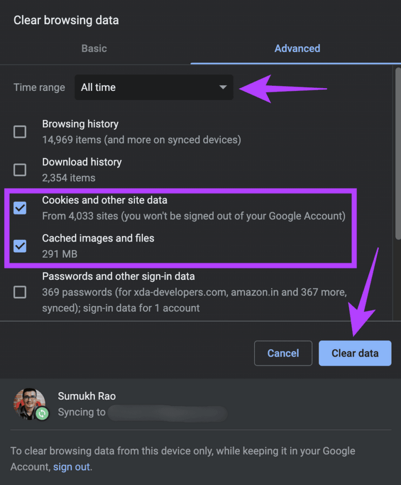 Clear cookies and cache