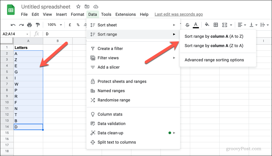 طريقة الترتيب الأبجدي في جداول بيانات Google 5 فرز مجموعة من الخلايا في جداول بيانات Google لترتيبها أبجديًا