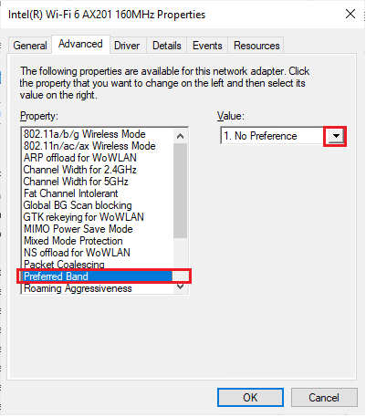 ابحث عن خيار Band أو Preferred Band
