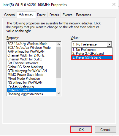 اضبط القيمة على نطاق 5 جيجاهرتز المفضل. إصلاح تقطع سماعات البلوتوث على ويندوز 10