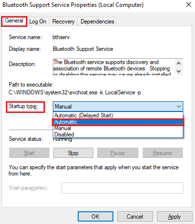 نوع بدء التشغيل إلى تلقائي