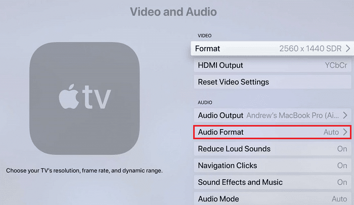 تنسيق الصوت والفيديو والصوت Apple TV
