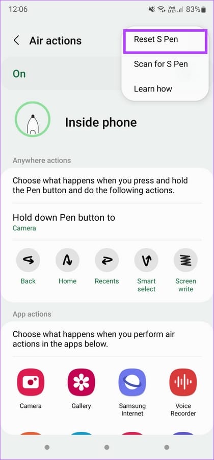 إعادة ضبط قلم S Pen