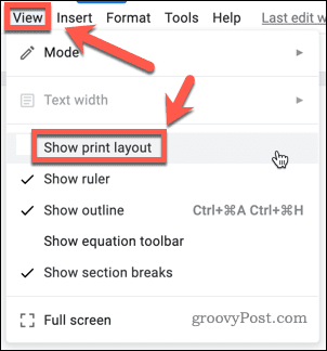إظهار تخطيط الطباعة في مستندات جوجل