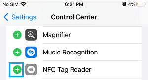 Add NFC Tag Reader to آيفون Control Center