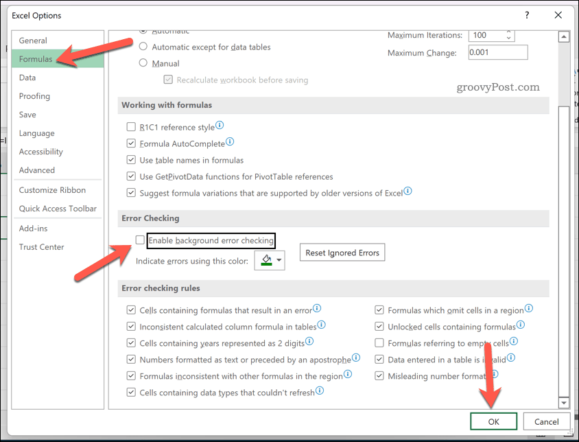 إيقاف تدقيق الأخطاء في اكسل