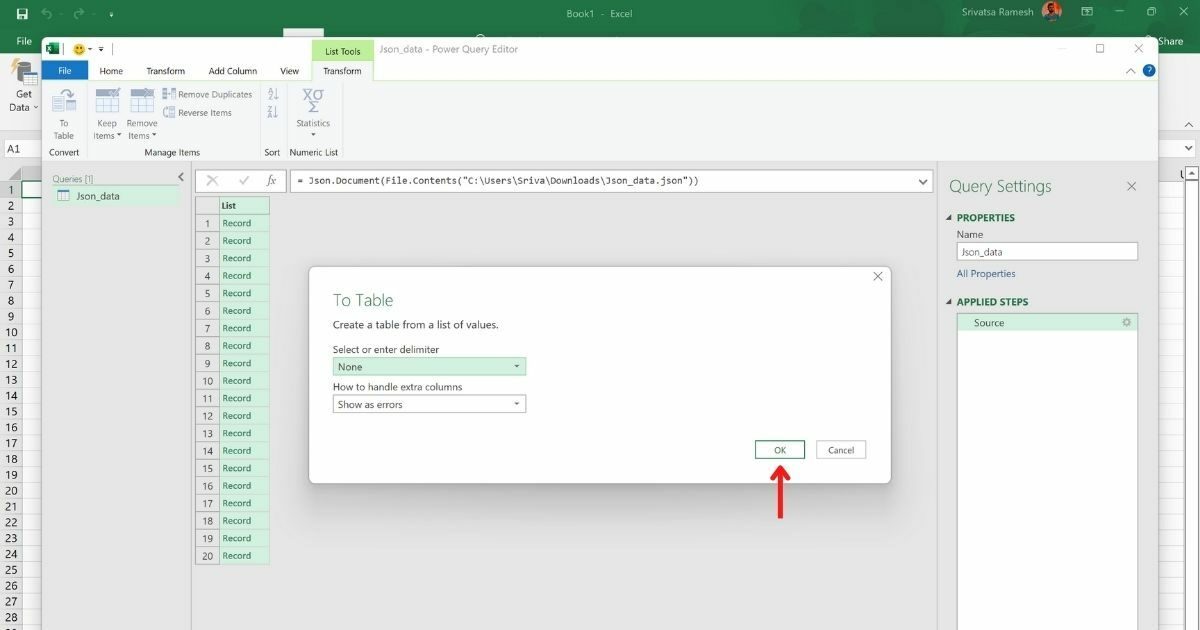 629c2d8949df8 تحويل ملف JSON إلى XLSX باستخدام مايكروسوفت اكسل