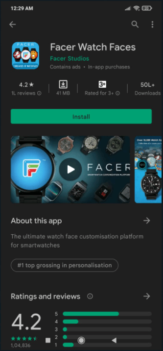 انتقل إلى متجر Play وابحث عن Facer Watch Faces وانقر على تثبيت