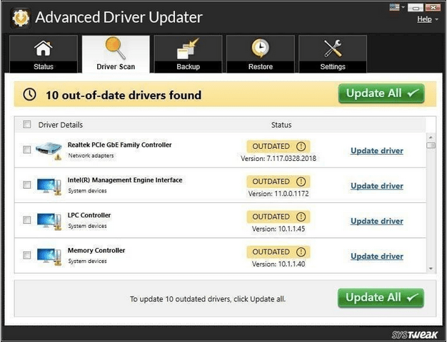Advanced Driver Updater screen