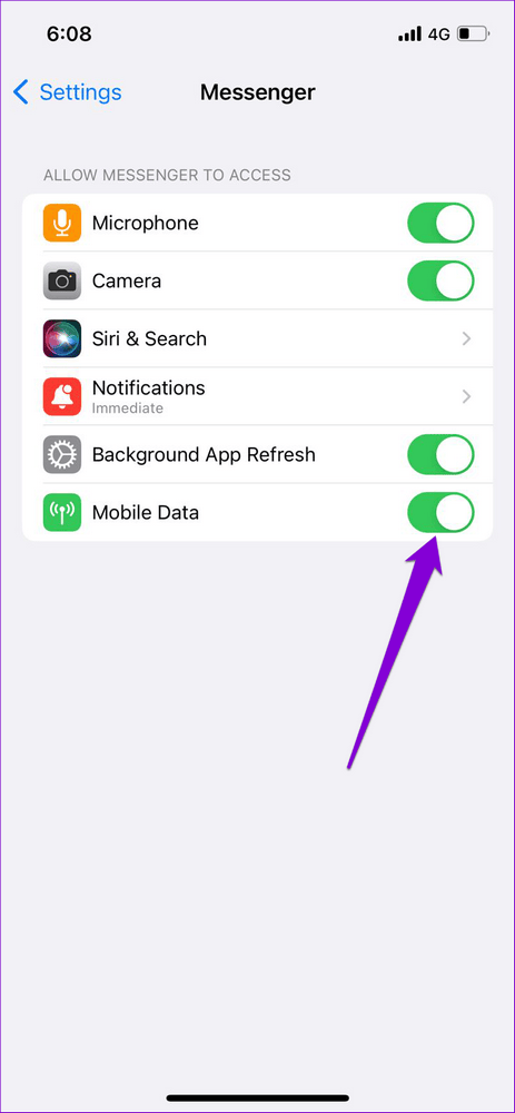 Enable Mobile Data for Messenger on iPhone 7 Façons de réparer l'absence de connexion à Internet de Facebook Messenger