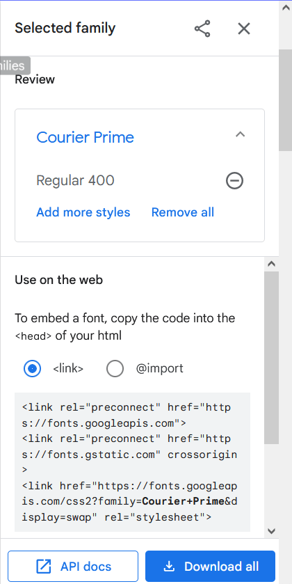 Google Fonts Courier Prime Download tab
