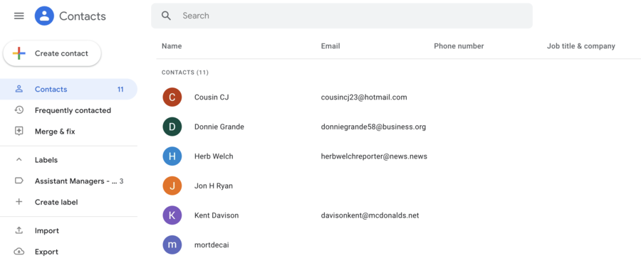 Google Contacts homescreen