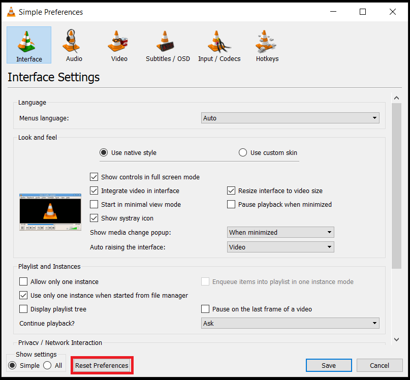 VLC Preferences Menu