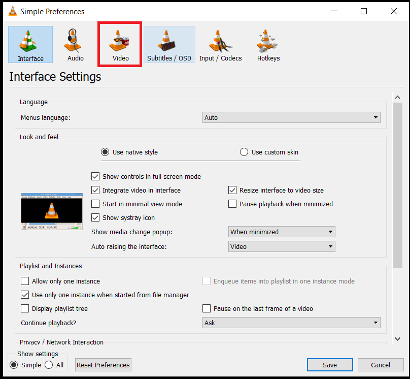 VLC Tools Preferences menu