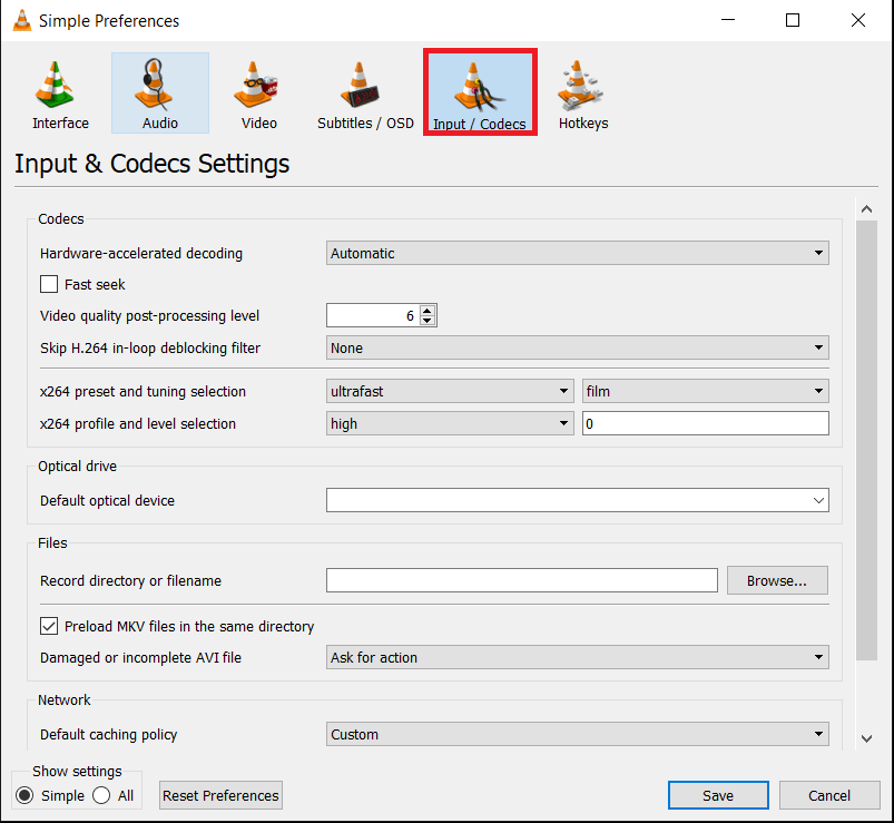 VLC Tools Preferences menu Input tab
