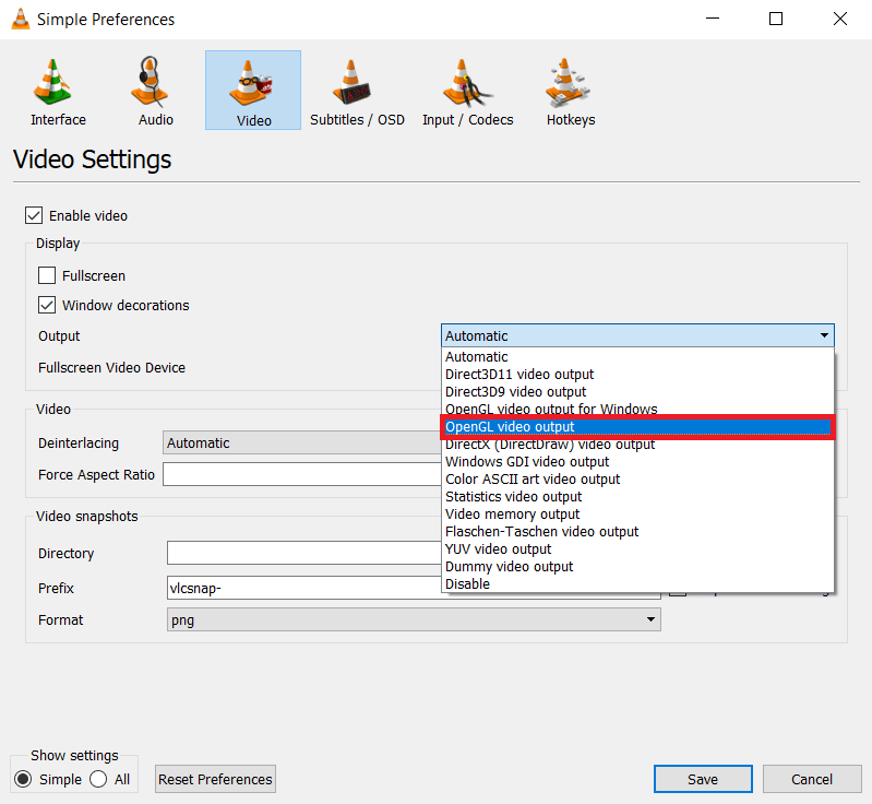 VLC Video Preferences Tab
