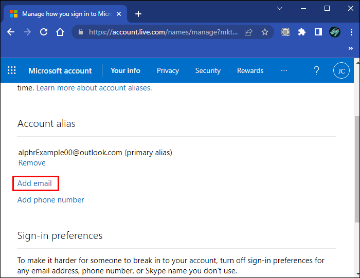 alias1 كيفية تغيير البريد الالكتروني في Outlook