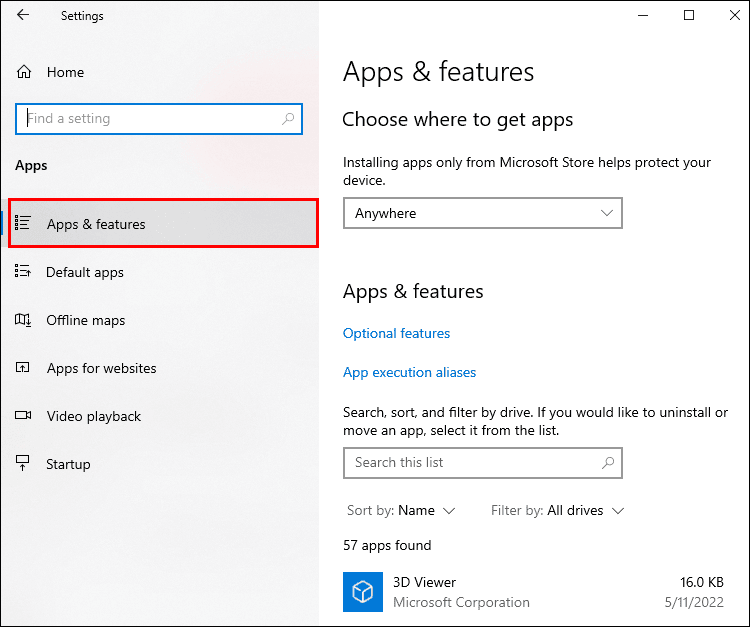 apps and features1 1 Comment réparer la touche Shift S de Windows qui ne fonctionne pas