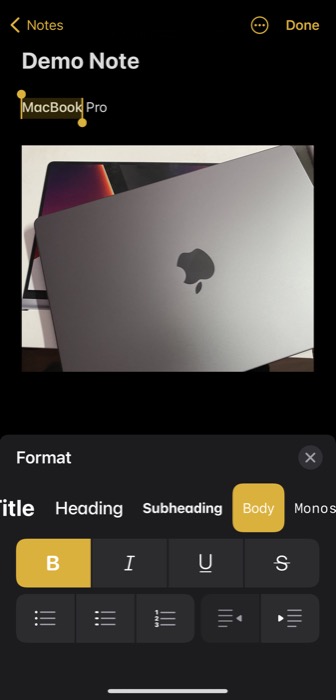 Doğrudan not yaratmak için notları yükseltin: Apple Notes 4 change text formatting 1 Doğrudan not yaratmak için notları yükseltin: Apple Notes