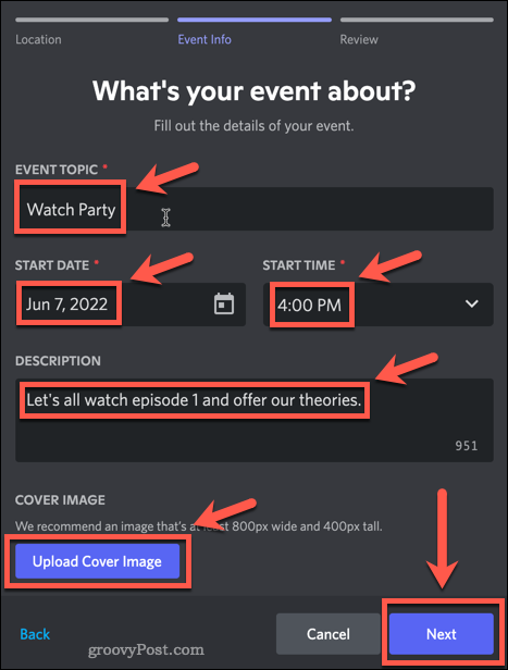 Comment créer un événement sur Discord 6 Selecting event details in Discord
