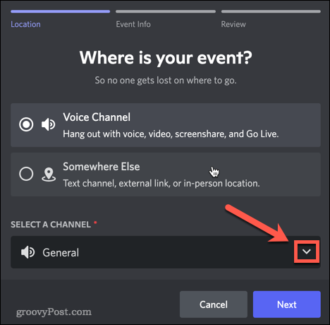 Comment créer un événement sur Discord 5 Selecting a voice channel