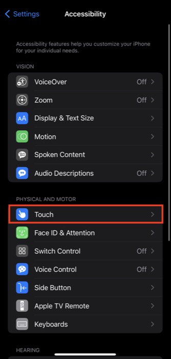 touch accessibility settings