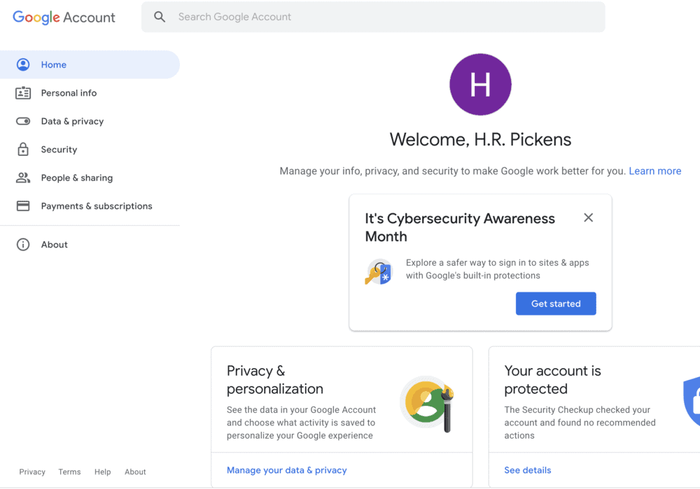 Google accounts home page