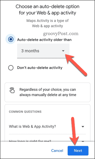 Configuring auto deletion of search history in Google Maps app