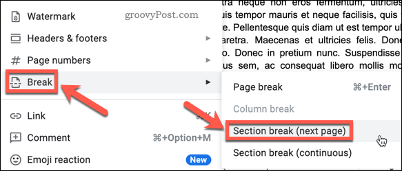 insert section break