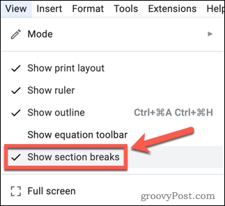 show section breaks google docs