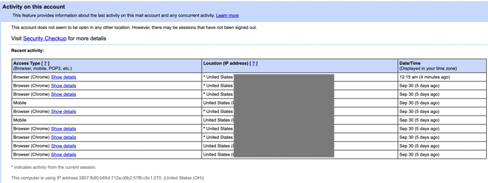 Gmail last account activity report