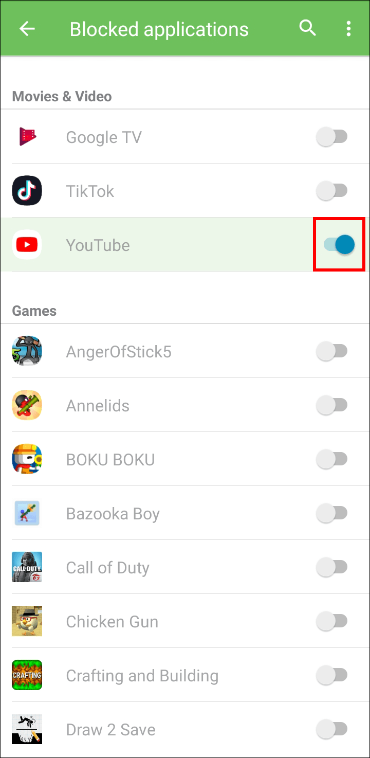 toggle Comment bloquer YouTube sur Android