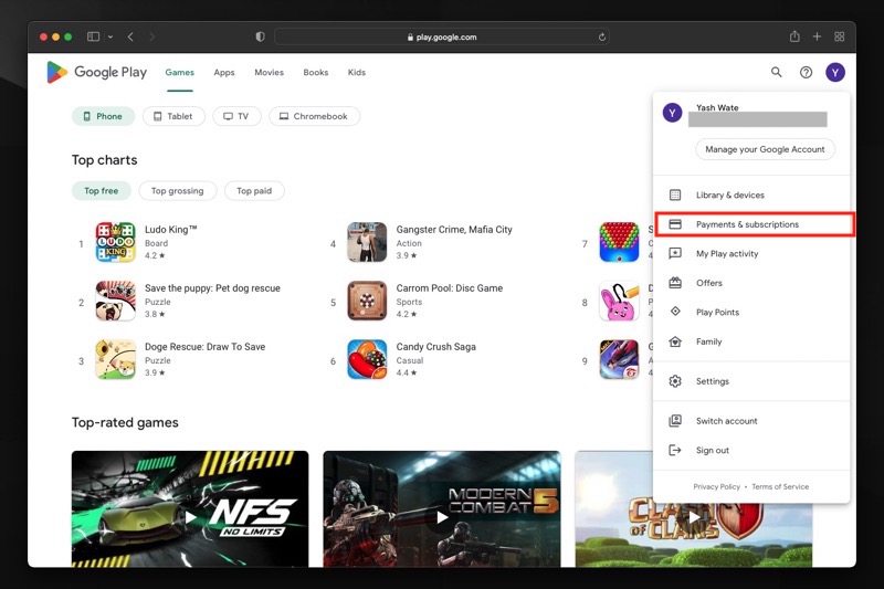 google play website account settings