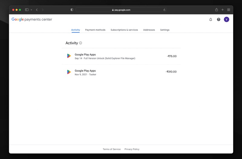google pay activity tab