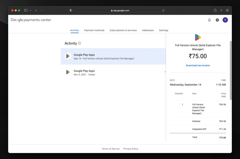 rax invoice download option in google pay