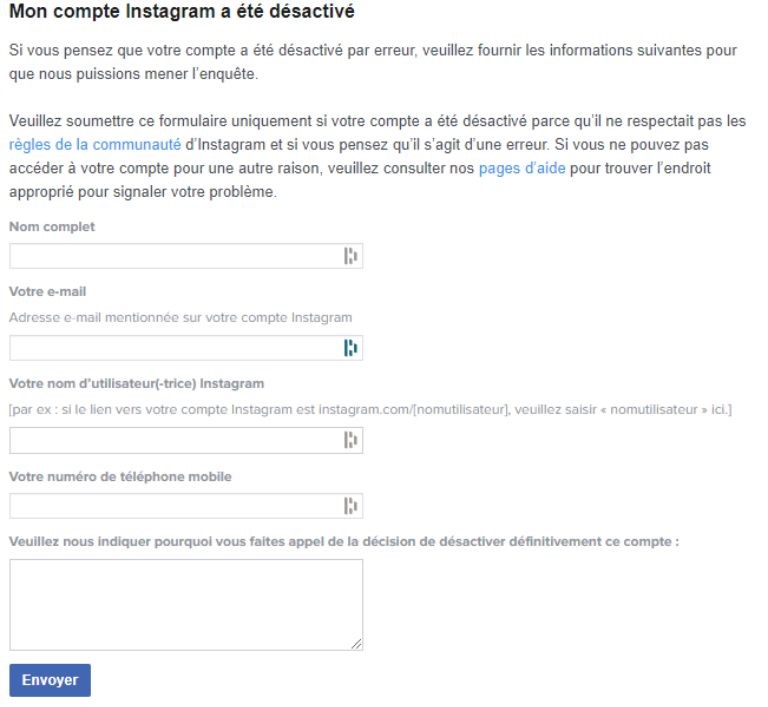 aperçu formulaire à remplir perte instagram